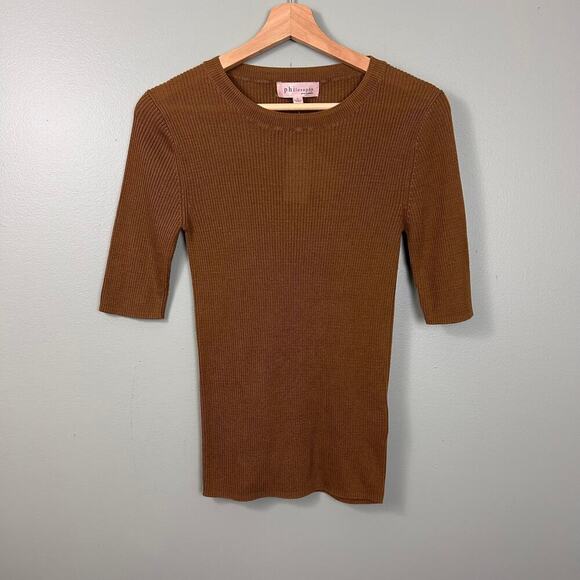 Philosophy Ribbed Knit Lyocell Short Sleeve Brown Scoop Neck T-Shirt Top Small - Picture 1 of 7